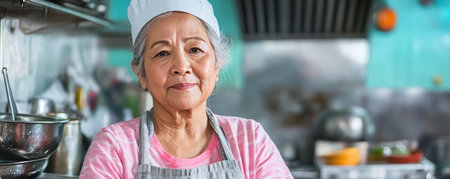 Experience culinary heritage with an Asian mom chef in her busy kitchen She blends traditional skills with modern creativity, sporting a white hat, apron, and pink top Metal bowls and silver cookware surround her A high-quality stock photo showcasing rich culinary artistry, perfect for websites and blogs AI Generativeの素材