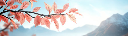 A tranquil scene unfolds with pale pink leaves dancing in the foreground, framing an Asian mother's joyful childcare Her love radiates as she plays, laughter echoing Distant mountains bask under a bright sky, completing the image It's a heartwarming fusion of natural beauty and family affection, exuding comfort and pure AI Generativeの素材