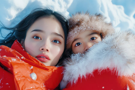 A heartwarming image captures an Asian mother and child immersed in cultural traditions amidst a snowy landscape Their bond is beautifully portrayed, with red and white hues contrasting against the snow This evocative scene, a study in growth and heritage, freezes a moment of love, tradition, and family beauty in AI Generativeの素材