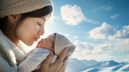 A gentle Asian mother kisses her newborn, radiating maternal joy Surrounded by family's warmth, the illustration captures pure bliss, a powerful bond, and life's beautiful beginning Feel the tender love, witness the protective embrace, and experience the profound connection within this precious moment AI Generativeの素材