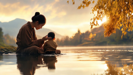 This touching image captures a serene moment of maternal love An Asian mother gently soothes her child by a tranquil lake, bathed in soft, warm light The scene radiates affection and emotional support, showcasing the profound connection between mother and child in a peaceful natural setting It's a heart-warming portrayal AI Generativeの素材