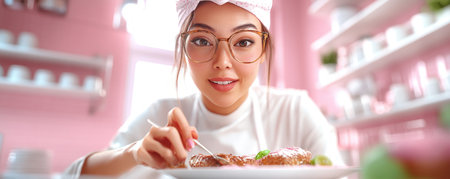 Step into a vibrant pink kitchen where an Asian mom crafts a heartwarming family meal Modern techniques blend with traditional artistry as she prepares a delicious breakfast or brunch Her focused hands and warm smile invite you to share in this homemade moment, a culinary journey captured with grace AI Generativeの素材