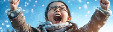 A joyous child with glasses and a brown coat raises both hands in cheer, her face beaming with enthusiasm Snow falls around her, suggesting a winter event, likely a school activity or celebration The light blue background enhances the bright scene, highlighting the child's pure delight AI Generativeの素材