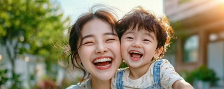 This image captures the pure joy of learning as an Asian parent and child share a laugh-filled moment of discovery Bathed in sunlight, their happy faces and close bond highlight the beauty of family connection Authentic laughter underscores this heartwarming scene of shared experience and the simple pleasure of learning AI Generativeの素材