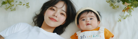 A tender scene captures the essence of maternal love: an Asian mother and her newborn lie side-by-side, enveloped in soft light Their peaceful repose highlights the beauty of motherhood, the deep connection, innocence, and protection inherent in the first precious months of life A heartwarming display of love and serenity AI Generativeの素材