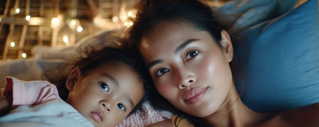 This heartwarming image depicts an Asian mother gently guiding her child Soft tones and heartfelt expressions emphasize their deep bond, radiating love and care Warm colors and soft lighting enhance the intimacy, beautifully showcasing the tender connection between motherhood and childhood AI Generativeの素材