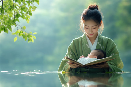 Immerse yourself in the peaceful scene of an Asian mother gently swaying her newborn in a tranquil forest Witness the quiet love and tender bond illuminated by soft, natural light She, dressed in green, cradles her infant amidst the trees, a beautiful depiction of maternal care and nature's purity AI Generativeの素材
