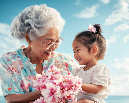 This heartwarming image captures an Asian family's bond: a grandmother gently sharing stories with a curious child It depicts the beautiful passing of traditions, history, and values Love radiates as generations connect, highlighting the importance of family heritage and intergenerational relationships The scene is tender and full of warmth AI Generativeの素材