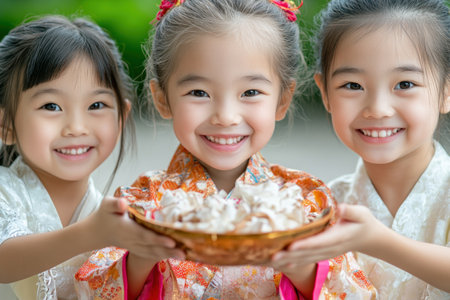 Experience a heartwarming Asian family celebration, where love and tradition intertwine Parents and children joyfully exchange small gifts wrapped in beautiful cloth, highlighting their cultural heritage and strong family bonds This tender moment radiates affection and joy, showcasing the innocence of childhood and universal family values AI Generativeの素材