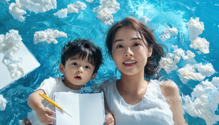 A loving Asian mother guides her child through early learning, using notebooks and stationery This heartwarming image captures the dedication of family, showcasing a mother-son bond through education It's perfect for family, education, and lifestyle publications, highlighting nurturing through study and early development AI Generativeの素材