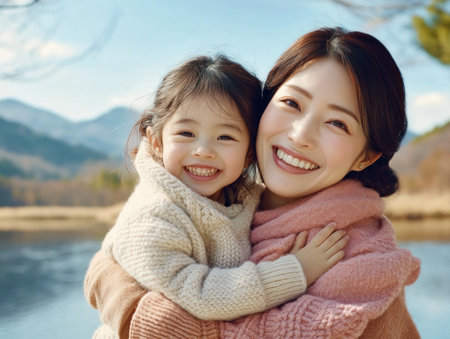 This serene image captures the heartwarming essence of motherhood, showcasing an Asian mom lovingly embracing her child The tranquil, family-centered setting highlights the warmth and strength of parenting Discover the beauty of maternal love and family bonds in this touching portrait, perfect for projects emphasizing family values AI Generativeの素材