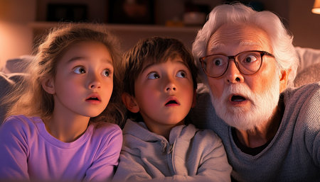 Capture the warmth of Asian family life as grandparents share captivating stories with children in cozy, softly lit evenings Witness the joy of multi-generational bonds strengthening through storytelling, building lasting memories, cultural values, and intimate connection Experience the power of family, love, and shared traditions AI Generativeの素材