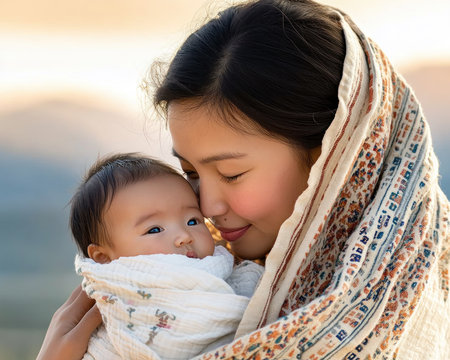Witness the tender beauty of an Asian mother wrapping her newborn in traditional cloth, a symbol of cultural heritage and loving care This poignant image celebrates motherhood, family, and generational bonds The scene encapsulates maternal devotion, showcasing a timeless tradition that nourishes a child's first moments AI Generativeの素材