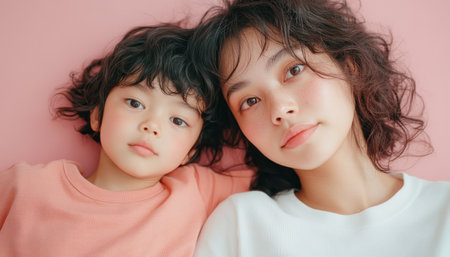 This vibrant portrait captures an Asian mother and child embracing, radiating joy and unity Soft focus highlights their loving connection, a beautiful moment of togetherness It's a heartwarming illustration of familial love, perfect for family-themed content, showcasing deep, positive emotions in a touching embrace AI Generativeの素材