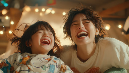 This heartwarming photo captures an Asian mother and child laughing, their strong bond radiating joy Soft, warm light illuminates the playful scene, emphasizing their emotional connection and pure happiness It's a beautiful image showcasing maternal affection and the precious delight of shared family moments, perfect for promoting family bonds AI Generativeの素材