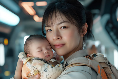 This image captures the tender bond of motherhood with an Asian mother protectively holding her newborn in a futuristic, yet intimate setting The scene radiates warmth and love, emphasizing the profound connection between parent and child It showcases maternal protection and affection within a modern backdrop AI Generativeの素材