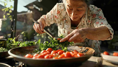 A bright kitchen scene depicts a traditional Asian mom cooking with fresh vegetables and aromatic herbs This image captures the essence of home cooking, celebrating culinary traditions and healthy eating Experience the warmth of family and explore the art of traditional cuisine using farm-fresh ingredients AI Generativeの素材