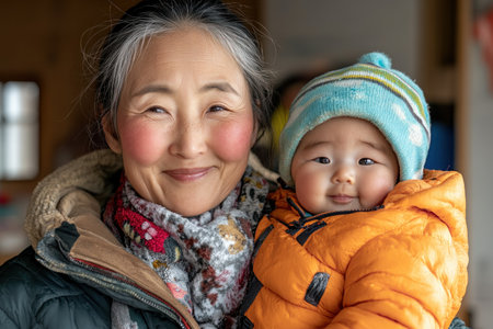 Witness pure, unconditional love in this tender image of an Asian mother and her newborn Their radiant smiles and expressions overflow with affection and innocence, capturing a mother's deep devotion This heartwarming scene showcases the profound joy of motherhood and family, a beautiful testament to the powerful bond between parent AI Generativeの素材