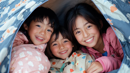 This heartwarming photograph captures an Asian family's joy inside a tent A mother's loving guidance fosters family bonding through shared indoor camping experiences The image celebrates family, love, and Asian culture, highlighting happy interactions and strong familial bonds It perfectly illustrates the warmth of family-focused activities AI Generativeの素材