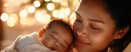 This image beautifully portrays an Asian mother cradling her newborn, bathed in a gentle, loving light It's a tender scene evoking warmth, family bonds, and tradition Ideal for projects focused on family, parenting, or culture, it showcases the profound love and rich heritage within the mother-child relationship AI Generativeの素材