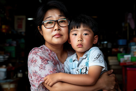 A tender scene unfolds as an Asian mother warmly embraces her son, celebrating his completed assignment This portrait captures their profound bond, highlighting parental support and encouragement in his education It's a moment of family affection and closeness, a milestone celebrated with love and togetherness AI Generativeの素材