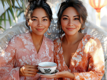 This image captures an Asian mother and daughter, adorned in floral robes, sharing tea in a sunlit home Their bond radiates love and tradition, a heartwarming portrait of family It celebrates Asian heritage, highlighting the joy of shared rituals and the deep connection between mother and daughter AI Generativeの素材