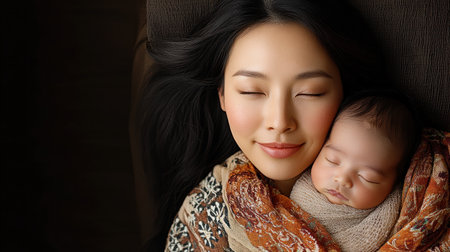 Witness a tender scene: an Asian mother gently swaddles her newborn in a vibrant, traditional shawl This image embodies the profound act of nurturing, celebrating cultural heritage and the timeless beauty of motherhood Love and kinship intertwine as tradition meets new beginnings in this heartwarming portrait AI Generativeの素材