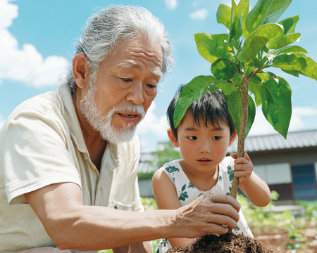 A multi-generational Asian family plants a tree in a tranquil garden, symbolizing unity and growth Grandparents impart wisdom, children learn respect for nature, and strong bonds are forged This image captures the beauty of shared experiences and the nurturing essence of family relationships across generations AI Generativeの素材