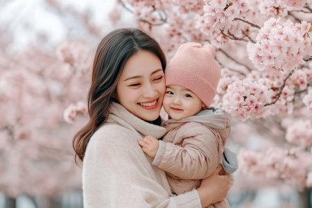 A tender Asian mother embraces her child beneath a soft pink cherry blossom canopy This image embodies deep love and connection amidst nature's beauty Perfect for heartwarming designs, it captures a pure, blissful moment under blooming flowers, symbolizing the profound bond between mother and child AI Generativeの素材