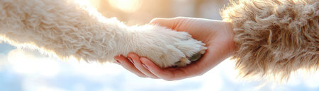 This tender close-up captures a human hand gently holding a furry paw, symbolizing profound connection and trust between species Though not an Asian mother and child, the image evokes a similar feeling of shared experience, love, and friendship It s a heartwarming portrayal of interspecies bonding AI Generativeの素材