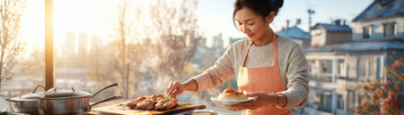 Witness a serene kitchen scene where an Asian mother lovingly crafts a meal Golden light bathes her as she artfully plates the food This captures the gentle focus and skill involved in home cooking The soft palette and natural setting create a warm, tranquil view of tradition and family AI Generativeの素材