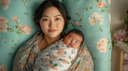 A tender Asian mother cradles her newborn, swaddled in a traditional patterned shawl This image beautifully blends nurturing motherhood with cultural heritage Soft floral patterns highlight gentle love, emphasizing cultural preservation The photograph captures a timeless moment of love, connection, and heritage AI Generativeの素材