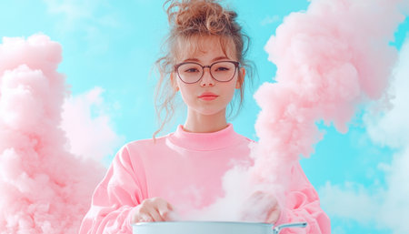 A person in a pink sweater and glasses is enveloped in fluffy pink smoke against a blue sky The vibrant image evokes a similar color palette and visual interest to a serene scene of a mother cooking a meal, although it does not depict that directly AI Generativeの素材