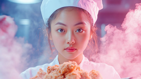 Witness an Asian mother's culinary artistry in a bright, modern kitchen She crafts a meal with fresh vegetables and time-honored methods, showcasing delicious home cooking Experience the joy of food preparation and rich culinary heritage Her love and effort are evident in every step, a vibrant blend of artistry and AI Generativeの素材