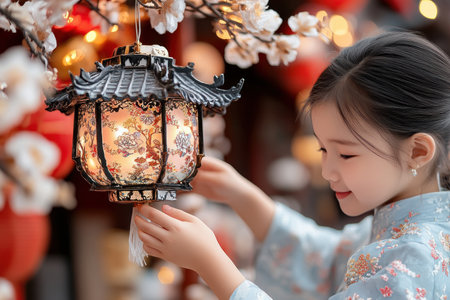 This image portrays a loving Asian family celebrating a festival, adorned with traditional decorations A child holds a lantern, symbolizing their heritage and unity It's a heartwarming scene of family togetherness, celebrating culture and creating lasting memories Perfect for content highlighting family, traditions, and love AI Generativeの素材