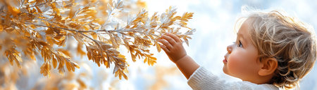A toddler's innocent curiosity shines as they reach for golden leaves, exploring nature's details This moment of discovery reflects a mother's invisible influence, fostering a love for the natural world in the next generation The scene, rich with intricate foliage, showcases life skills learned through touch and a deep, inherited AI Generativeの素材