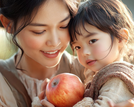 A loving Asian mother playfully teaches her child, fostering a strong bond during an educational activity This heartwarming scene captures the joy of family life, showcasing a special connection between parent and child The delightful image radiates family love and highlights the beauty of shared experiences AI Generativeの素材