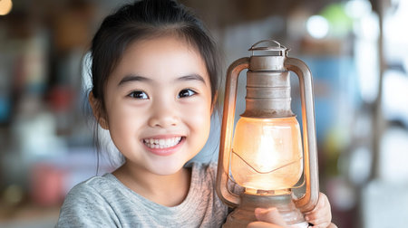 A close-up captures a smiling Asian child holding a lit lantern This heartwarming scene subtly symbolizes an Asian mother's dedication to her child's speech development, the lantern's glow adding a cozy, loving ambiance The focus is the child's growth, highlighting the beautiful connection between early learning and familial support AI Generativeの素材