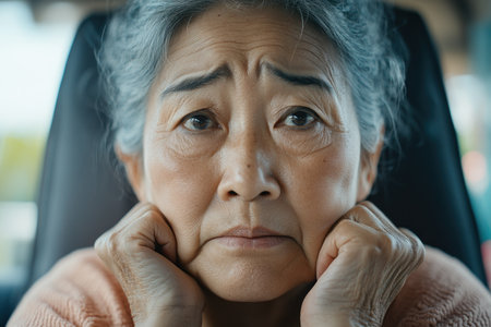 This image portrays an Asian mother in a vehicle, her gaze direct and resolute Hands cupping her face, she conveys both concern and determination Soft lighting and warm tones highlight her loving nature, embodying resilience, dedication, and the powerful strength of maternal sacrifice AI Generativeの素材