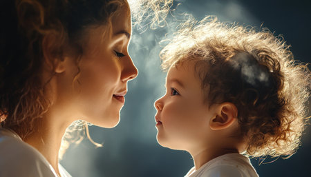 Witness a loving Asian mother nurturing her child's growth, blending education and affection This tender scene captures their connection as they learn together, eye-to-eye, in a bright setting A beautiful example of parental support, promoting both academic and emotional development Perfect for family and learning articles AI Generativeの素材