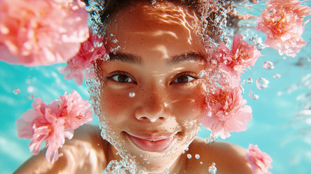 A serene portrait depicts a light-skinned woman with dark hair, submerged among pink flowers Sunlight filters through the water, creating bubbles She has dark features, a slight smile, and appears tranquil While the image evokes peace, it doesn't explicitly portray an Asian mom fostering family wellbeing through loving acts AI Generativeの素材