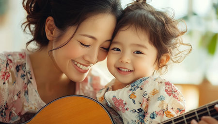 A heartwarming scene unfolds as an Asian mother teaches her child traditional songs Their bond, woven with rhythm and smiles, beautifully captures cultural heritage This tender moment showcases joyful learning, intergenerational connection, and the profound love between parent and child, all through the essence of music AI Generativeの素材