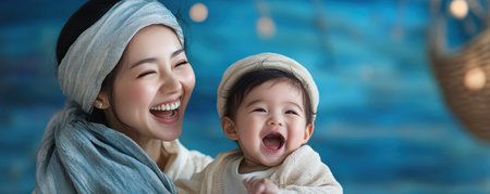This heartwarming photo captures an Asian mom playfully engaging with her child, who's laughing with pure joy Their beautiful interaction showcases a loving family bond Warm, genuine smiles radiate from both mother and child, making this image truly adorable and touching It's a moment of pure connection and delight AI Generativeの素材