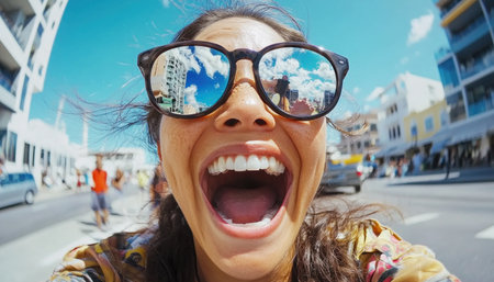 A close-up photo shows a joyful woman with sunglasses, mouth wide open, outdoors Buildings and people surround her, with a moving vehicle nearby The bright, clear sky suggests a lively scene While not depicting an Asian mother's prideful celebration, the woman exudes happiness in this vibrant moment AI Generativeの素材