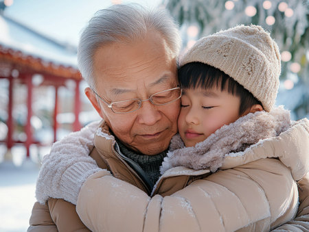This image portrays a tender moment of Asian family unity An elder lovingly embraces a child amidst a snowy winter scene, showcasing a powerful generational bond The image exudes warmth and support, highlighting care and togetherness within a peaceful, serene atmosphere It captures the essence of family nurturing AI Generativeの素材