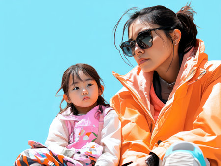 Bathed in bright outdoor light, an Asian mother in an orange jacket and sunglasses lovingly teaches her child, sporting a pink jacket, polite conversation Seated together against a clear blue sky, their heartfelt connection is palpable This scene captures a beautiful moment of family time, love, learning, and the close AI Generativeの素材