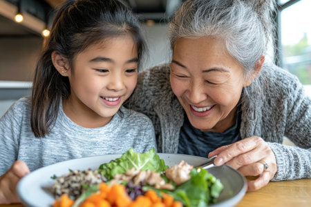 This heartwarming image captures an Asian mom and daughter laughing as they set the table, showcasing their strong bond It highlights the joy of shared moments, intergenerational connection, and cultural ties, all while preparing a healthy meal together Perfect for conveying warmth, love, and family togetherness AI Generativeの素材