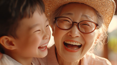 Capture the essence of family joy with this heartwarming image of an Asian family The mother, radiating love, is at the center as they laugh and bond This photograph showcases genuine smiles, affection, and the strength of close familial ties, perfect for illustrating stories of family warmth and happiness AI Generativeの素材