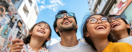 This heartwarming image shows an Asian family joyfully painting a cultural mural together Their collaborative effort displays strong bonds and cultural pride It's a perfect concept for community, collaboration, family, and art themes, showcasing happy, shared moments and artistic expression AI Generativeの素材