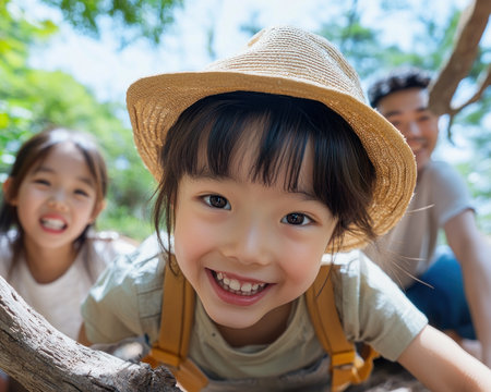 A happy Asian family shares a lighthearted outdoor adventure, led by their smiling mother This vibrant scene captures the joy of family togetherness and nature's beauty Perfect for projects on family bonding, it radiates happiness and excitement Use this image to inspire articles or blogs on the importance of shared AI Generativeの素材